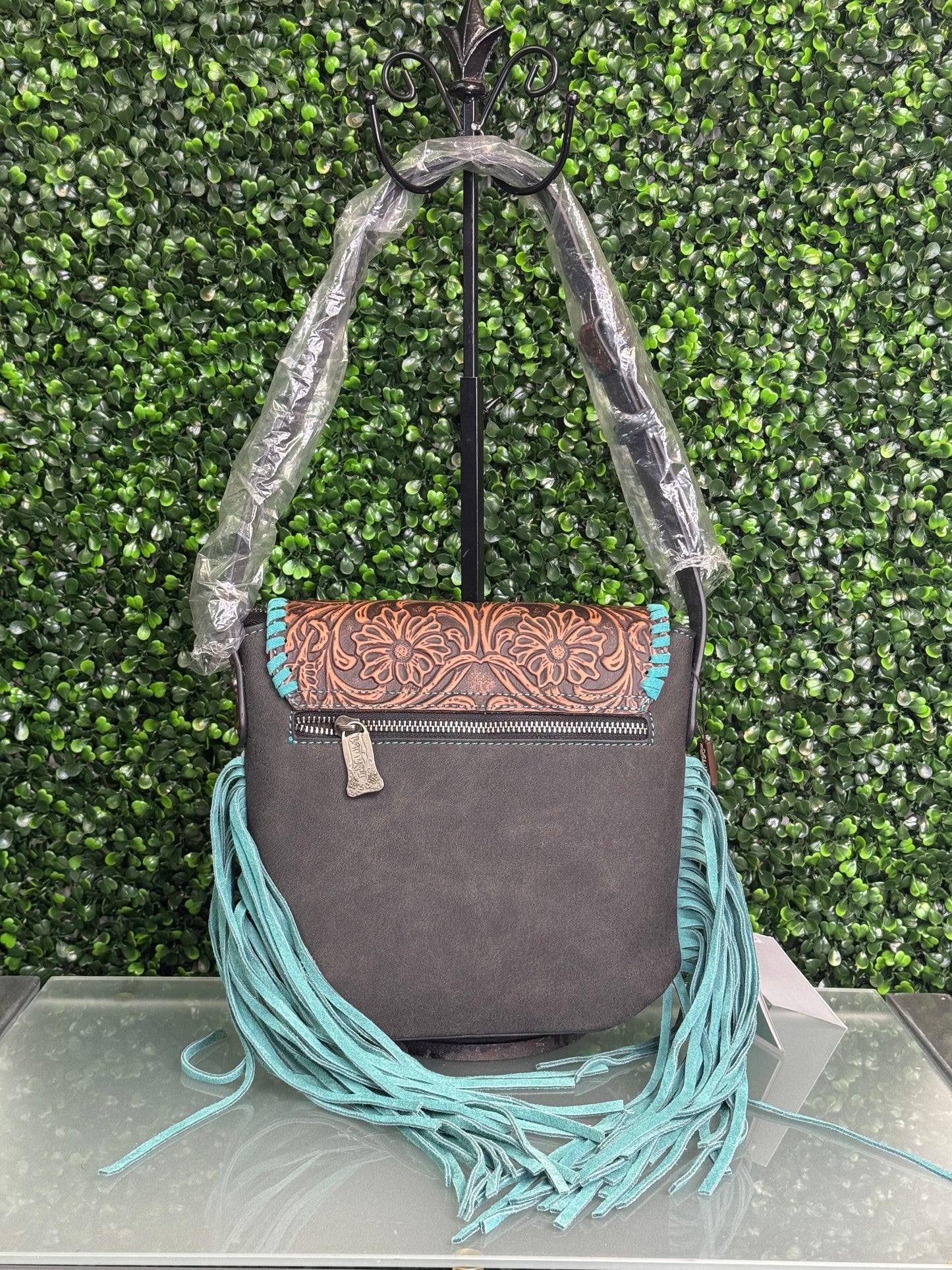 Trinity Ranch Genuine Hair-On Cowhide Tooled Fringe Shoulder Bag
