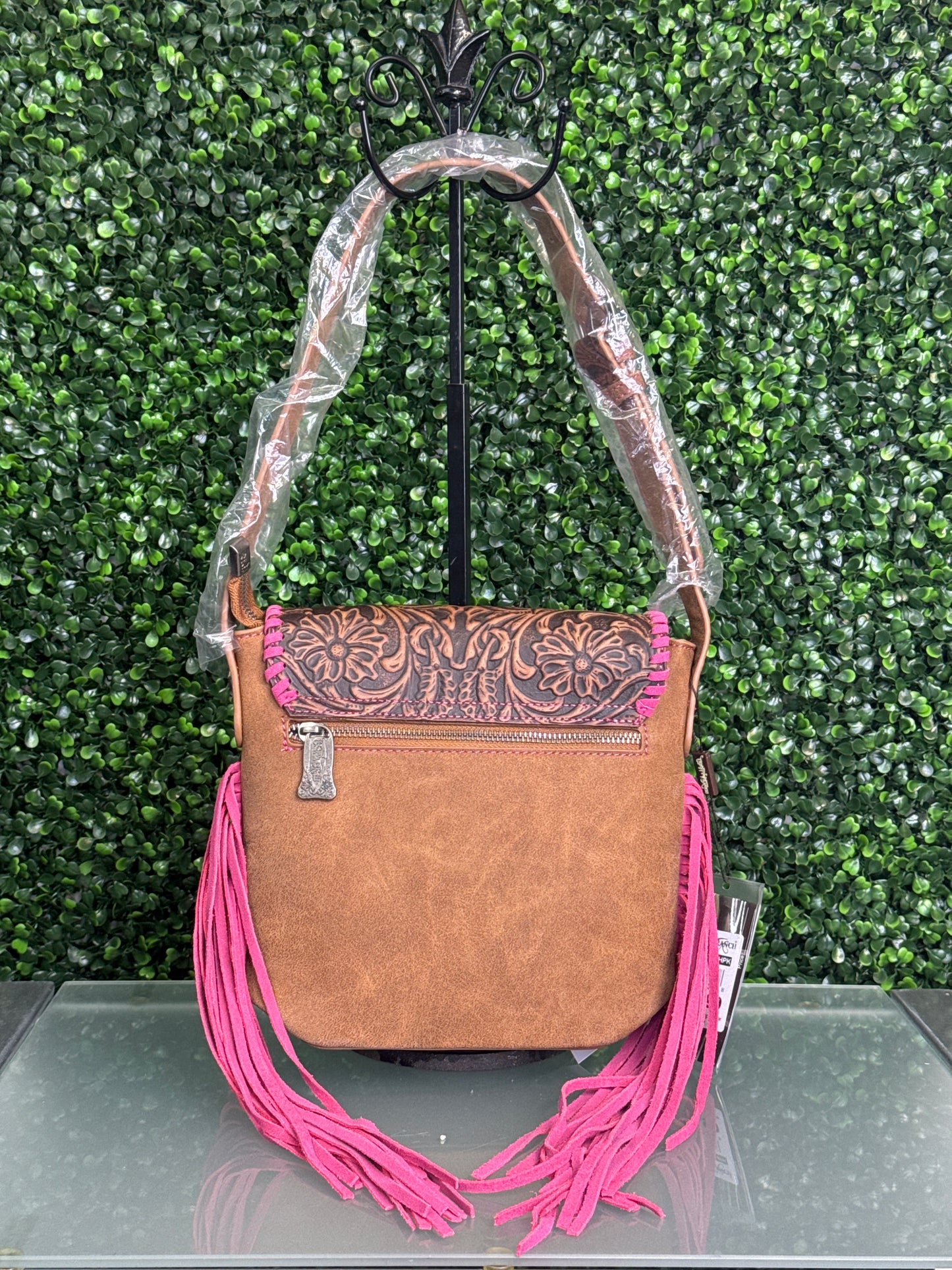 Trinity Ranch Genuine Hair-On Cowhide Tooled Fringe Shoulder Bag
