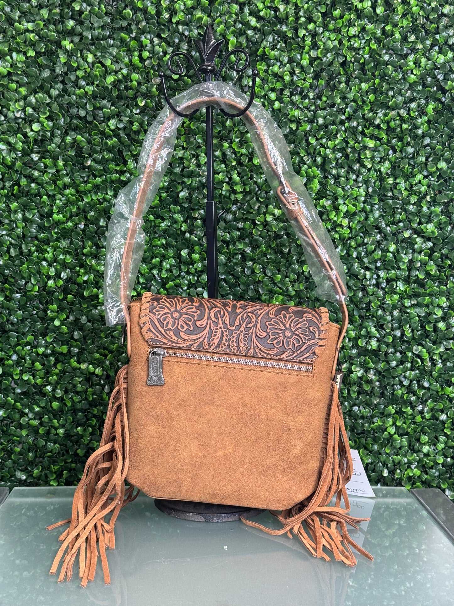 Trinity Ranch Genuine Hair-On Cowhide Tooled Fringe Shoulder Bag