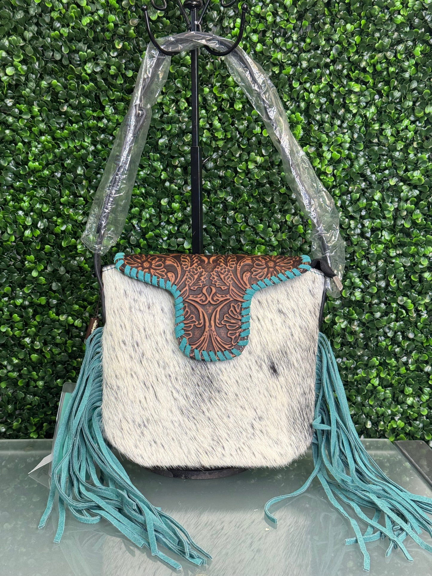 Trinity Ranch Genuine Hair-On Cowhide Tooled Fringe Shoulder Bag