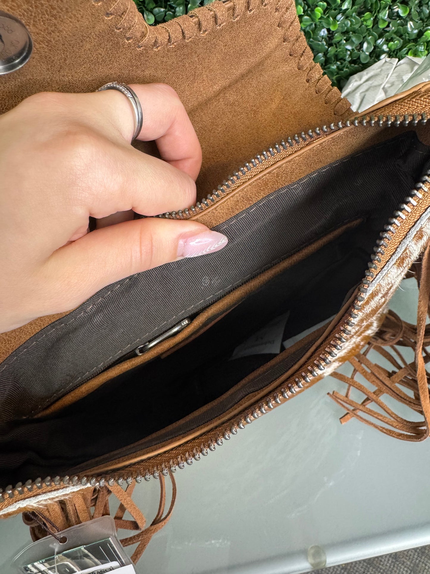 Trinity Ranch Genuine Hair-On Cowhide Tooled Fringe Shoulder Bag