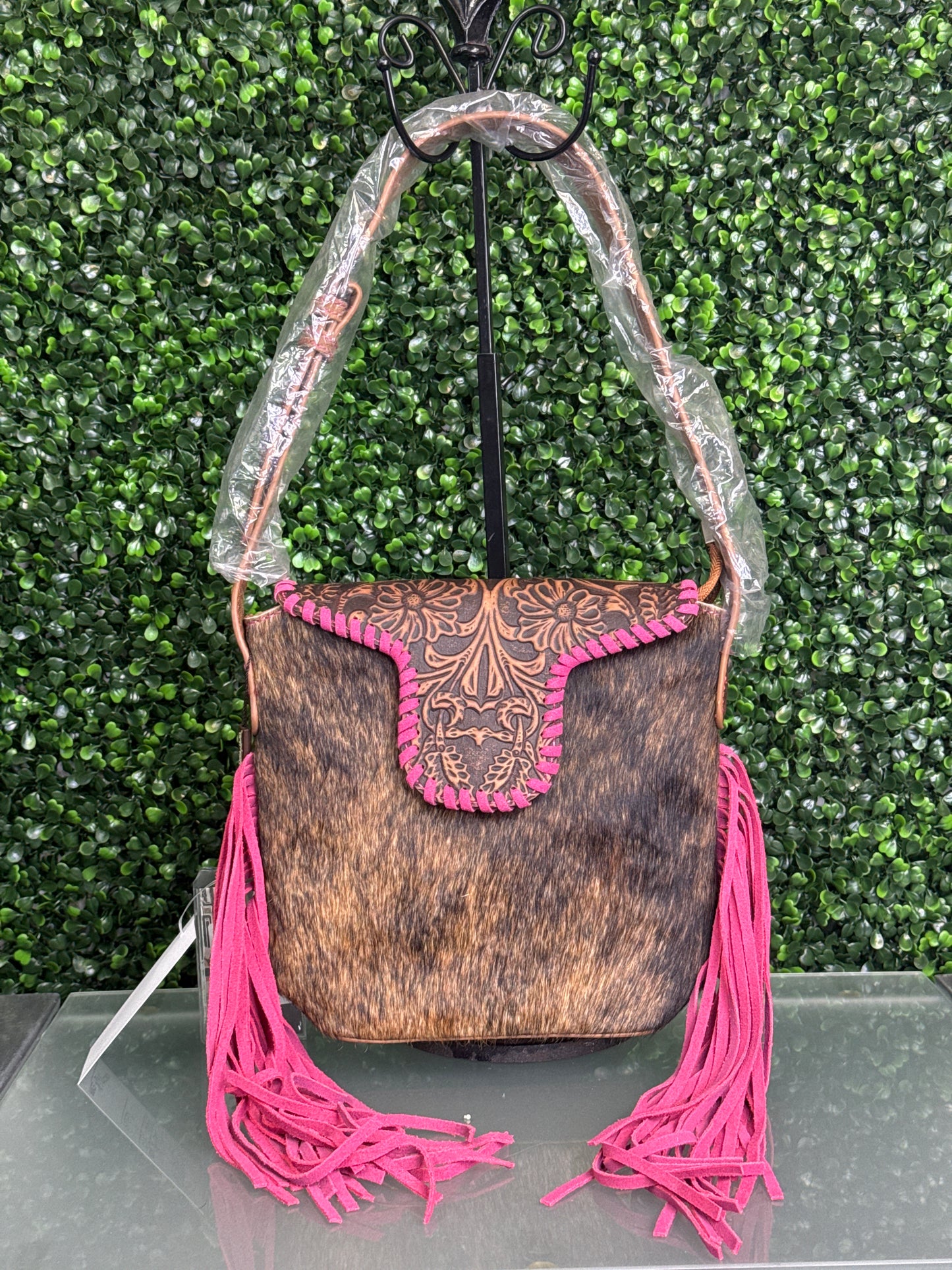 Trinity Ranch Genuine Hair-On Cowhide Tooled Fringe Shoulder Bag