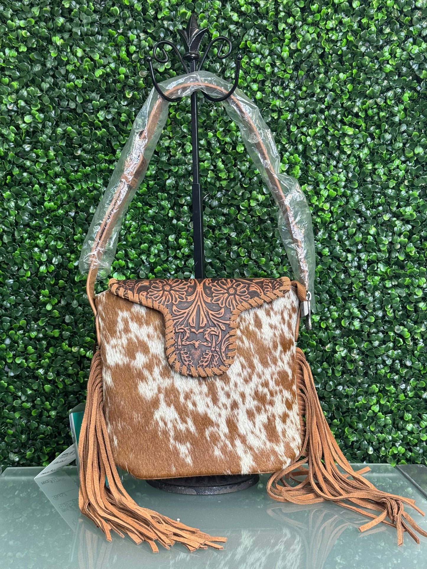 Trinity Ranch Genuine Hair-On Cowhide Tooled Fringe Shoulder Bag