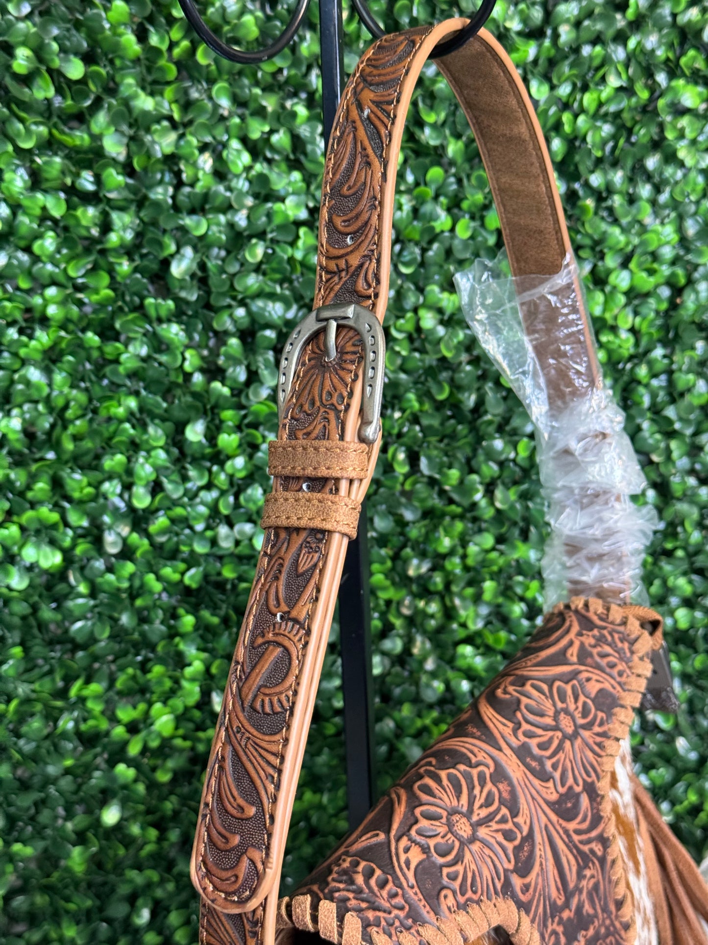 Trinity Ranch Genuine Hair-On Cowhide Tooled Fringe Shoulder Bag