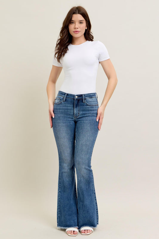 Judy Blue Mid Rise Vintage Wash Flare W/ Destroy And Fray Hem