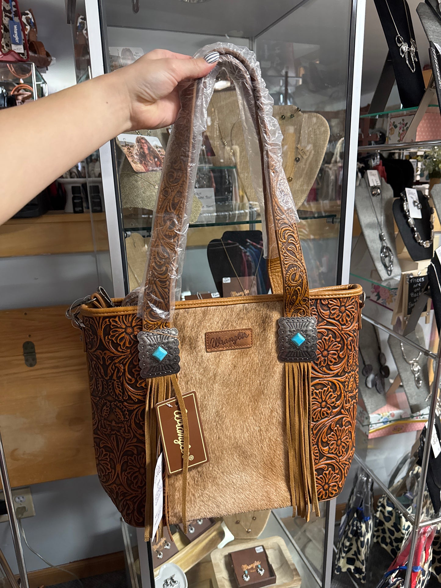 WRANGLER COWHIDE FRINGE CONCEALED CARRY LARGE PURSE