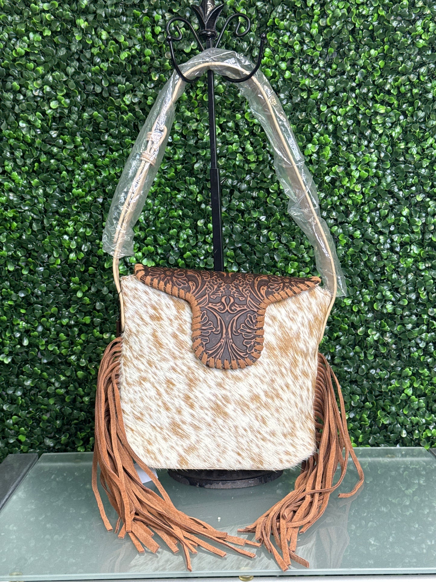 Trinity Ranch Genuine Hair-On Cowhide Tooled Fringe Shoulder Bag