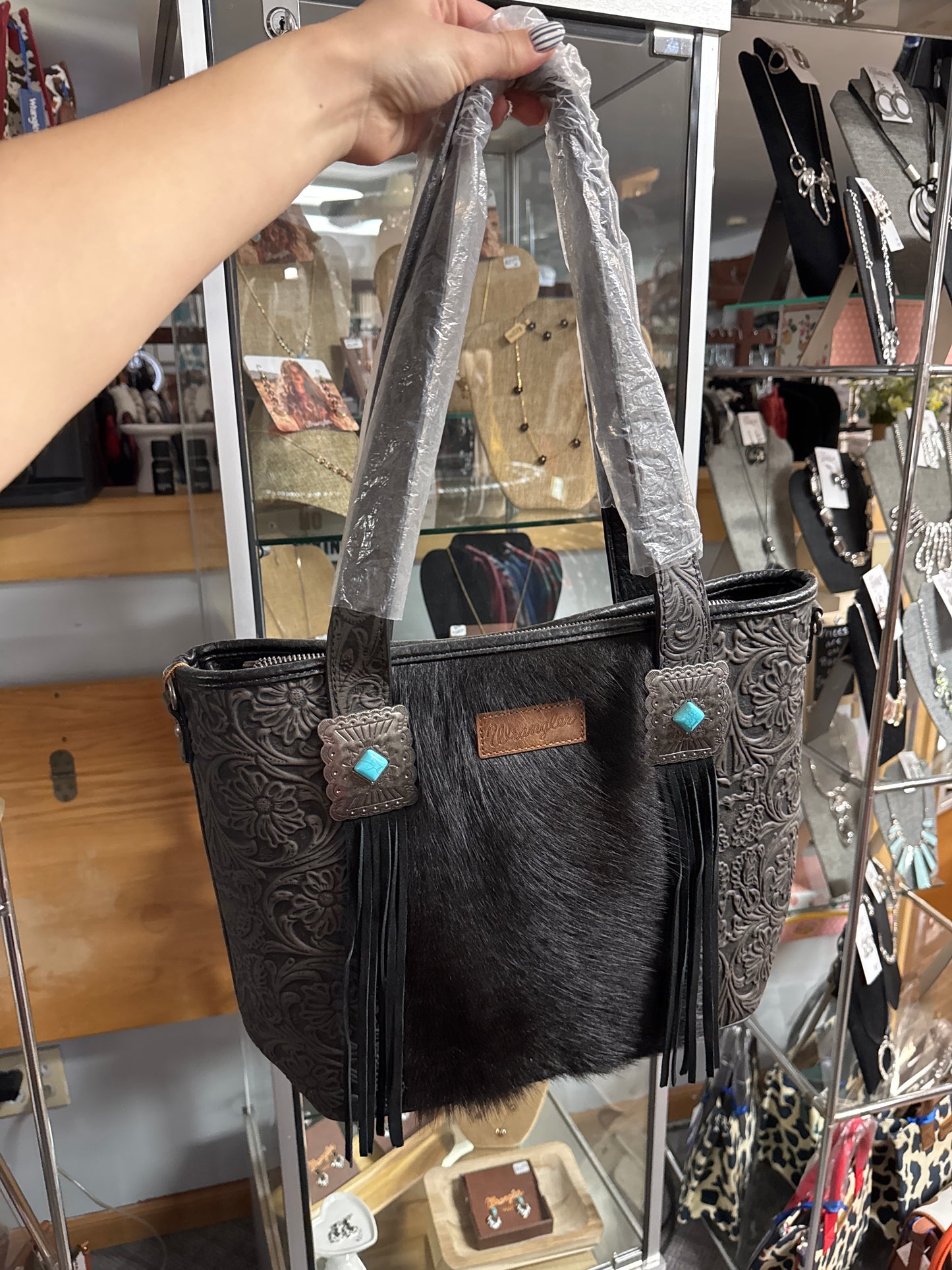 WRANGLER COWHIDE FRINGE CONCEALED CARRY LARGE PURSE