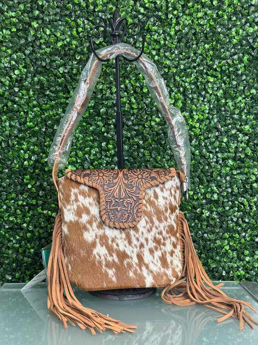 Trinity Ranch Genuine Hair-On Cowhide Tooled Fringe Shoulder Bag